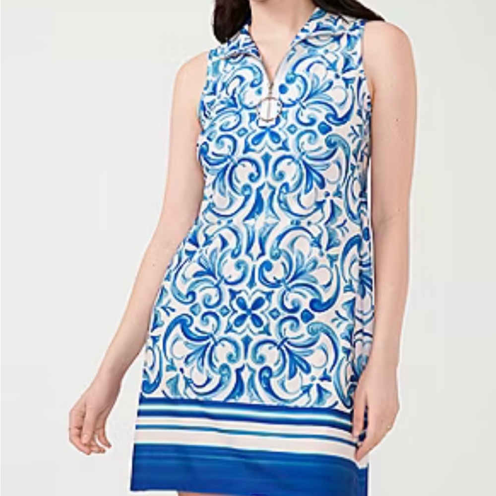 MSK sleeveless Medallion shift Blue and White Midi Dress